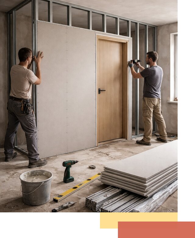 Перегородка из гипсокартона с дверью под ключ в Лесосибирске