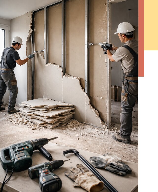 Демонтаж перегородки из гипсокартона в Лесосибирске от 1250 руб. быстро и недорого | ОТДЕЛОЧНИК-Лсс