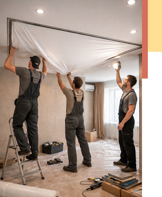 Монтаж ПВХ натяжного потолка в Лесосибирске от 3645 руб. под ключ | ОТДЕЛОЧНИК-Лсс