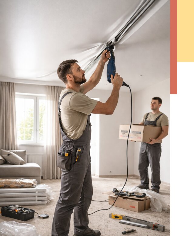 Монтаж сатинового натяжного потолка в Лесосибирске от 3645 руб. | Быстро, недорого — ОТДЕЛОЧНИК-Лсс