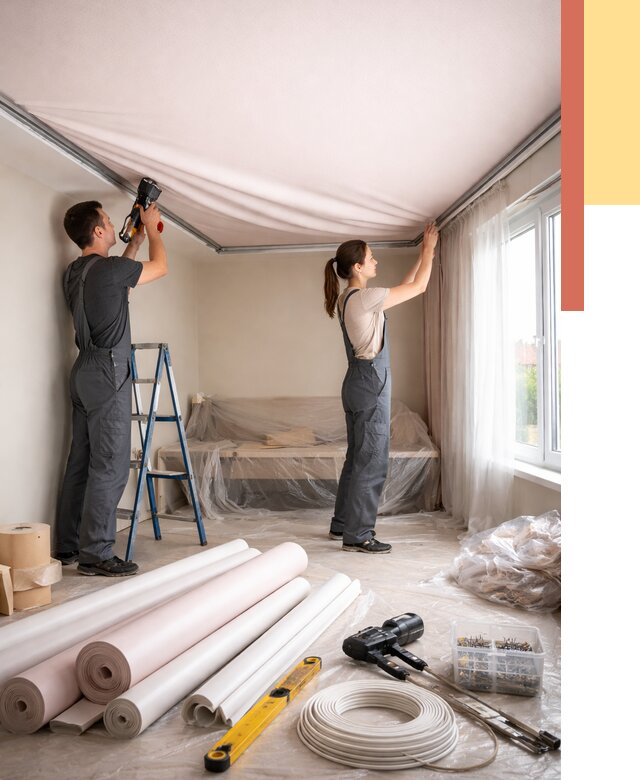 Монтаж цветного натяжного потолка в Лесосибирске от 4374 руб/м² — быстро и недорого | ОТДЕЛОЧНИК-Лсс