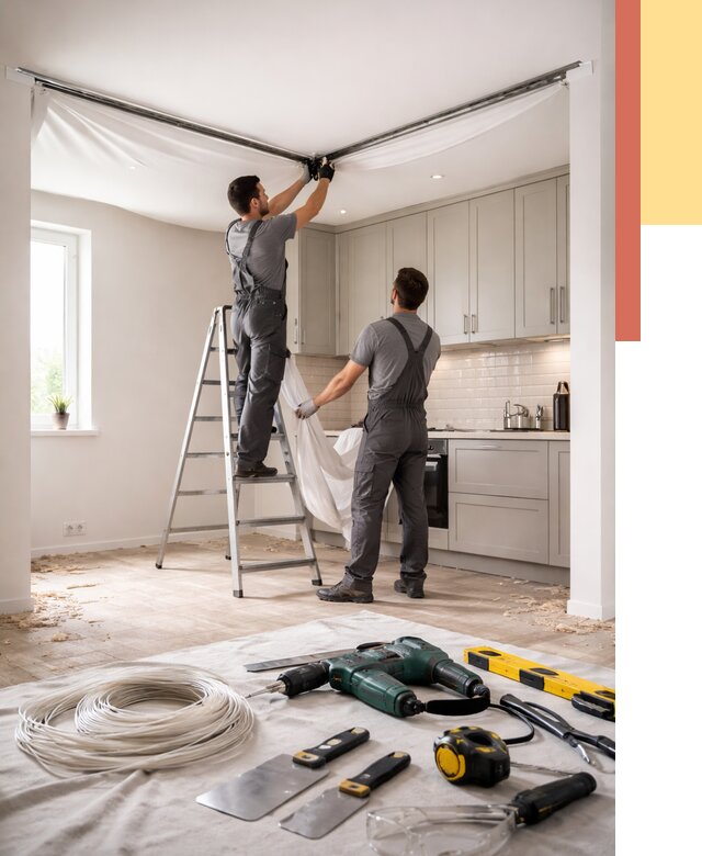 Установка натяжного потолка на кухне в Лесосибирске от 2500 руб. | ОТДЕЛОЧНИК-Лсс