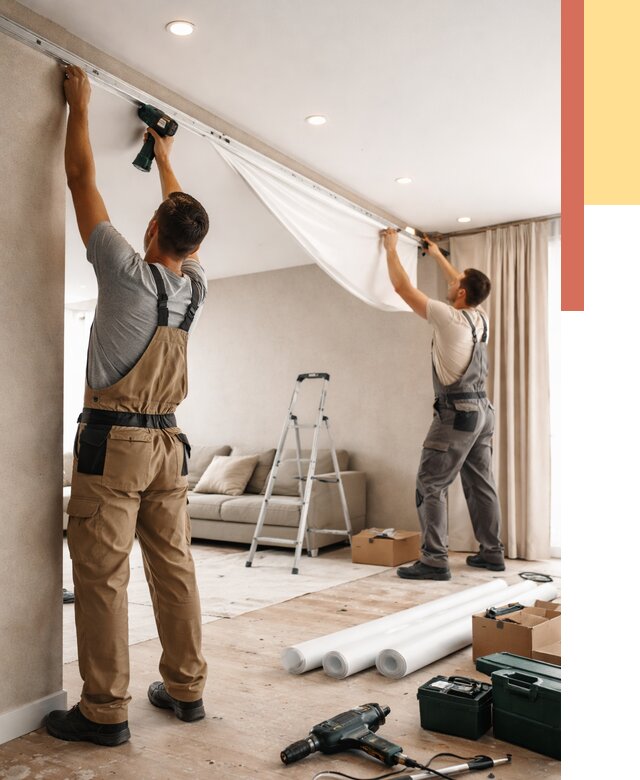 Монтаж натяжного потолка в гостиной в Лесосибирске от 573 руб. | ОТДЕЛОЧНИК-Лсс