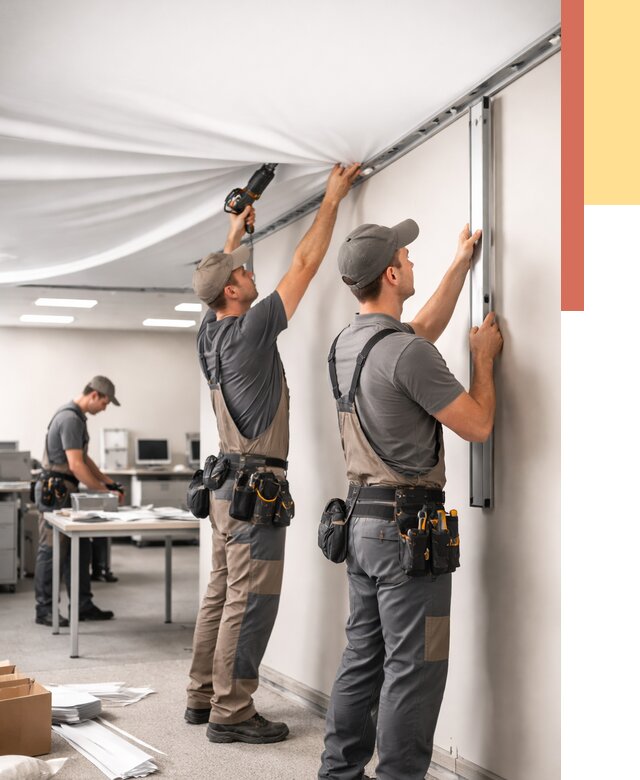 Монтаж натяжного потолка в офисе в Лесосибирске от 469 руб/м² — быстро и недорого | ОТДЕЛОЧНИК-Лсс