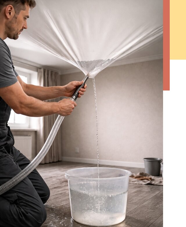 Слив воды с натяжного потолка в Лесосибирске от 2604 руб. быстро и недорого | ОТДЕЛОЧНИК-Лсс