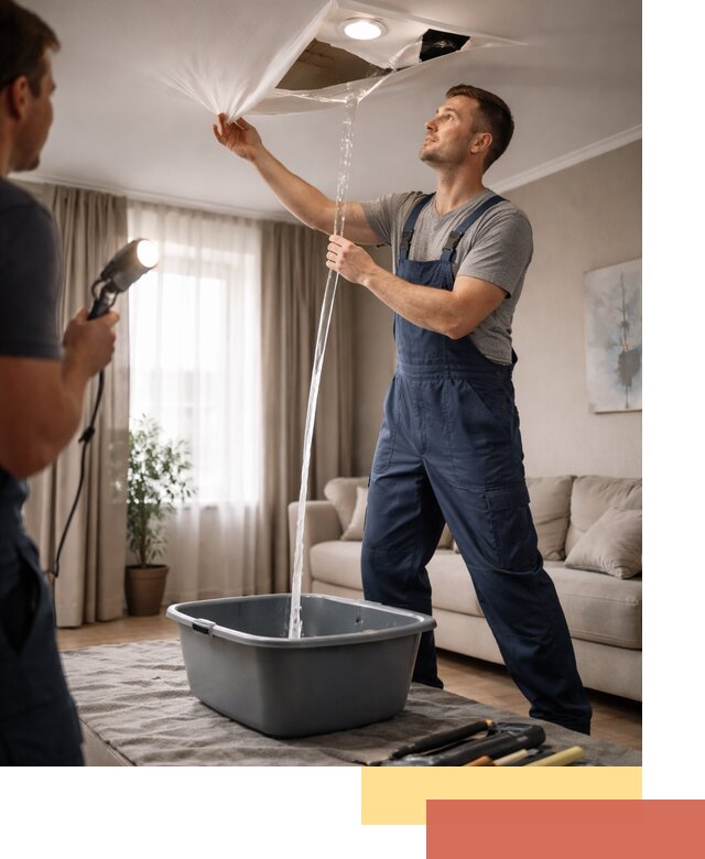 Слив воды с натяжного потолка в Лесосибирске быстро и аккуратно