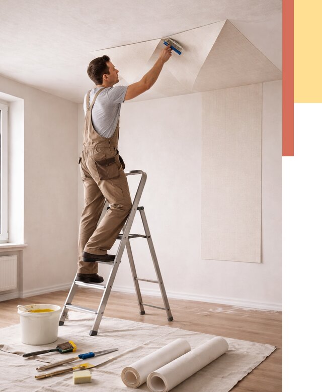 Поклейка обоев на потолок в Лесосибирске от 4687 руб. быстро и недорого | ОТДЕЛОЧНИК-Лсс